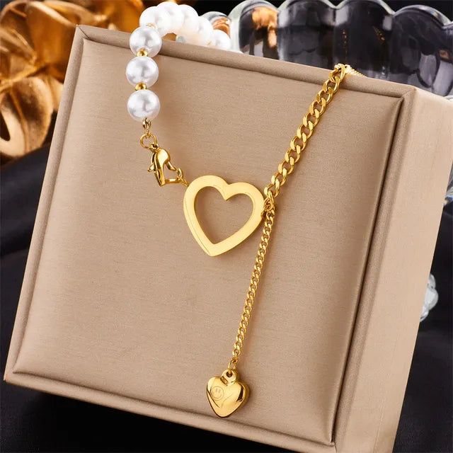 Stainless Steel Gold Pearl Pendant Necklace