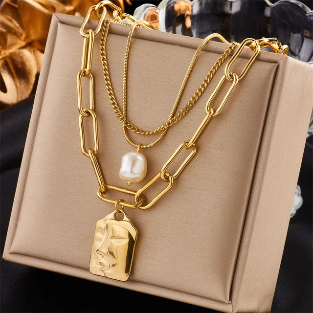 Stainless Steel Gold Pearl Pendant Necklace