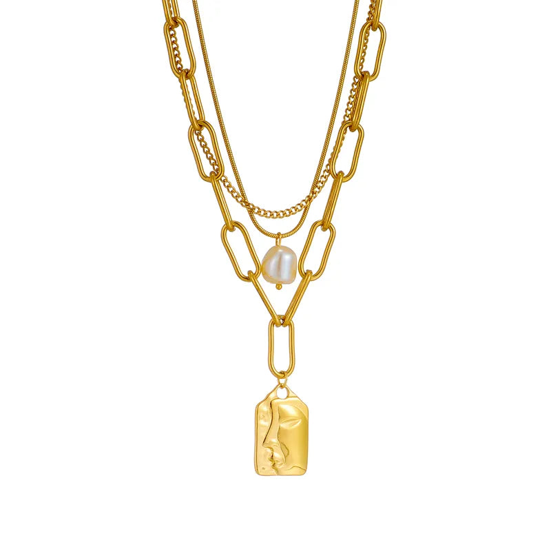 Stainless Steel Gold Pearl Pendant Necklace