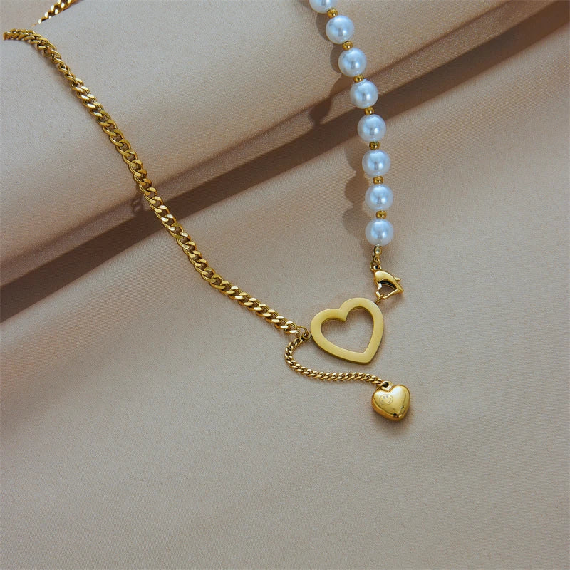 Stainless Steel Gold Pearl Pendant Necklace
