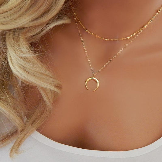 Double Layer Gold Color Chain Alloy Beads Horn Pendant Necklace