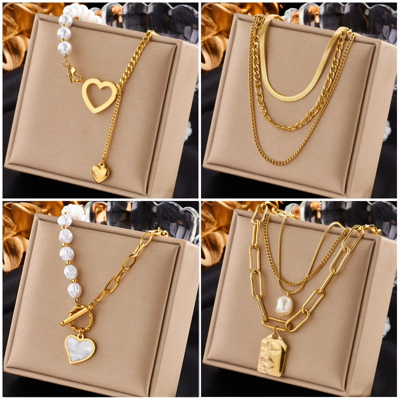 Stainless Steel Gold Pearl Pendant Necklace