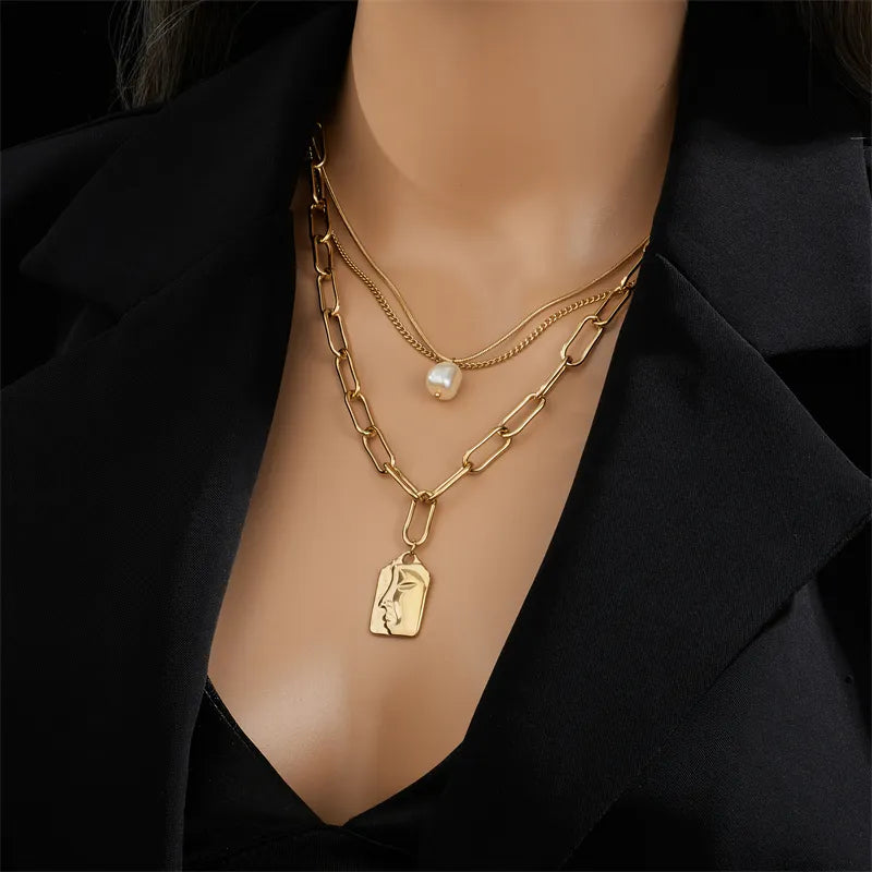 Stainless Steel Gold Pearl Pendant Necklace