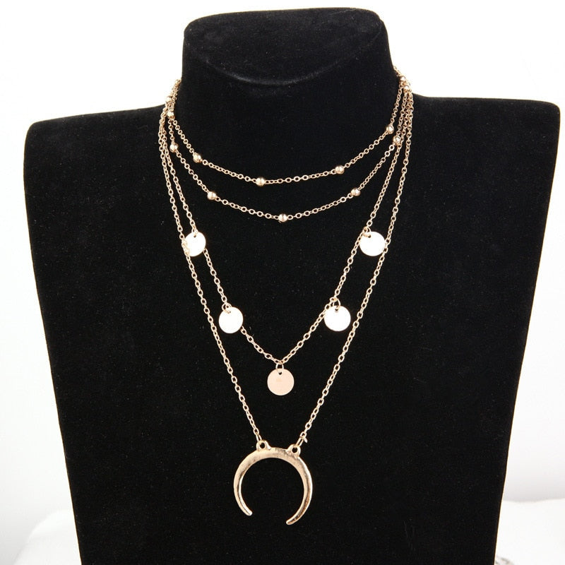 Round Moon Pendant Necklace Multi-layer